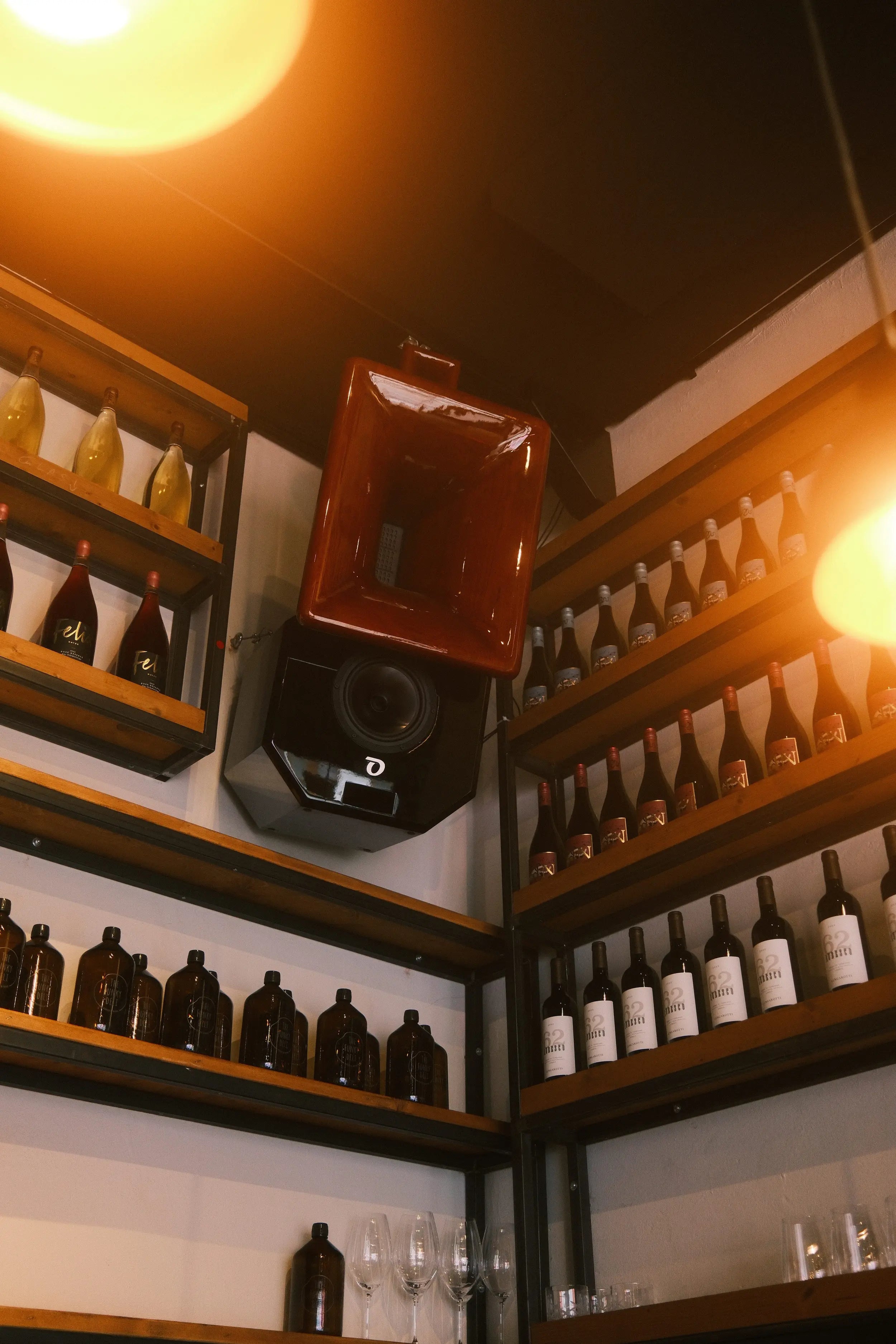 Wine bottles on shelves with a vintage-style speaker in the center.