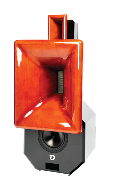 Speaker with orange front dome and black base on a white background
